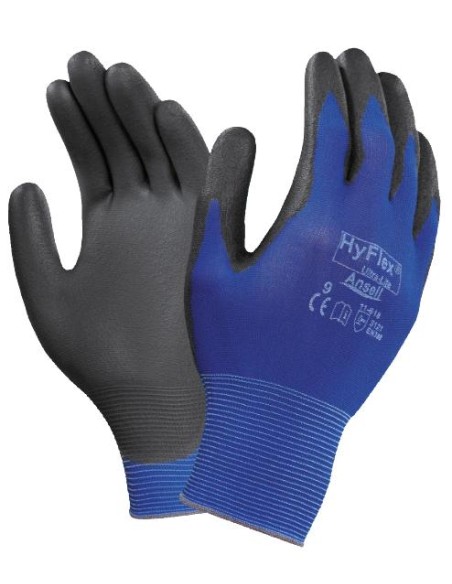 11-618 GUANTES RECUBRIMIENTO DE POLIURETANO CON FORRO DE NYLON.  LONGITUD 195-245 MM. AZUL/NEGRO HYFLEX TALLA 6- 11